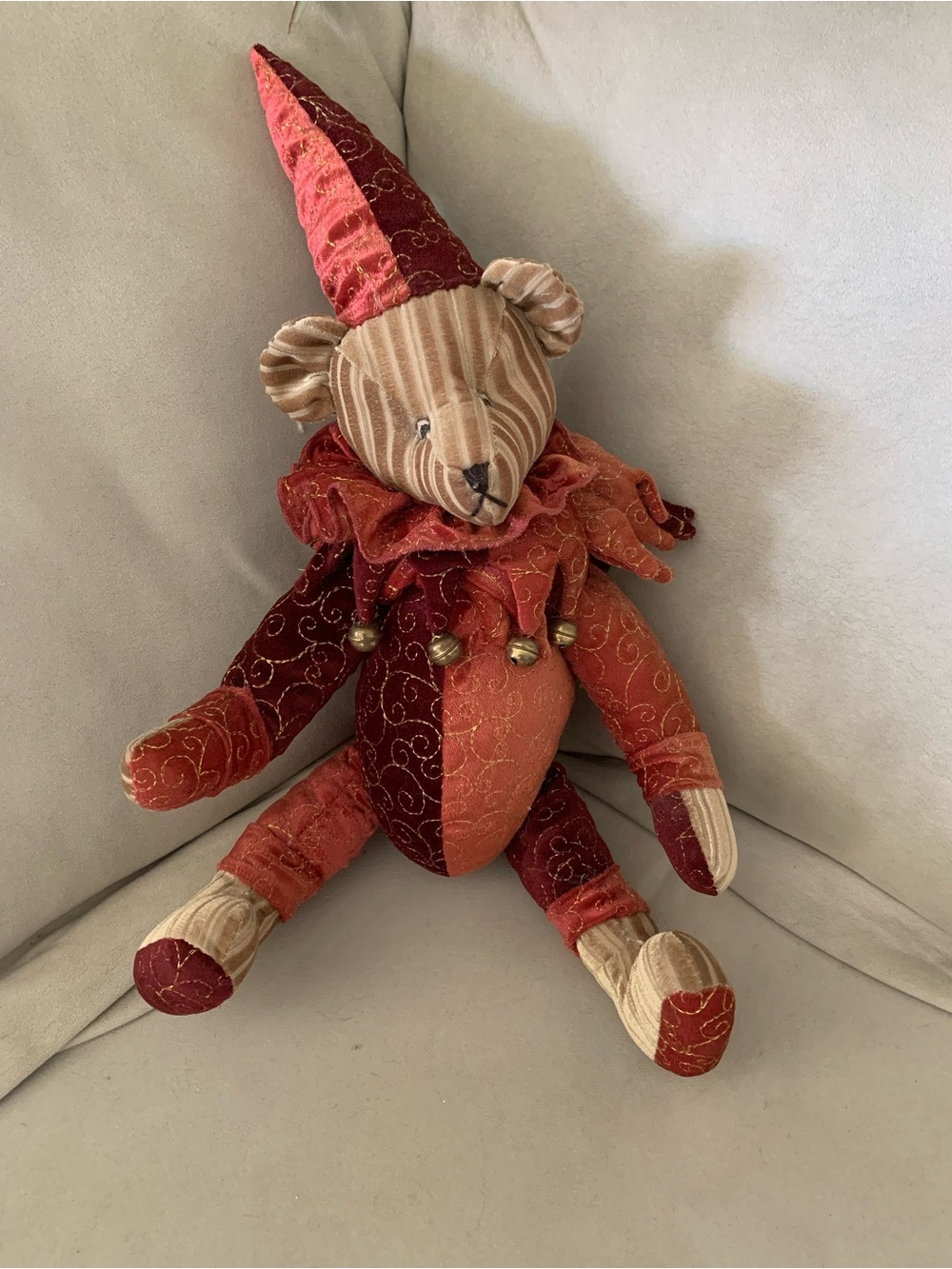 Whimsical Vintage Patchwork Clown Bear — Red and Orange Decorative Accent